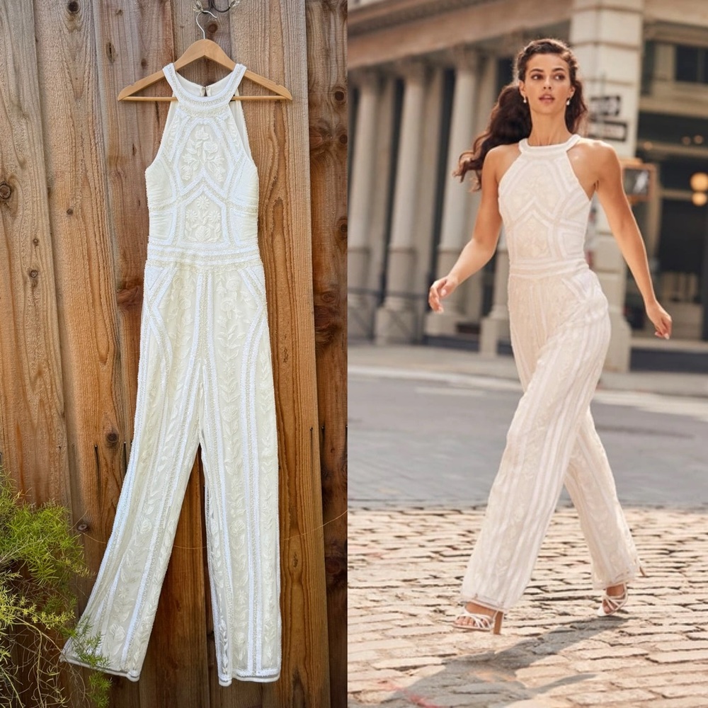 White Beaded Sequin Art Deco Halter Wide-Leg Jumpsuit 🌿